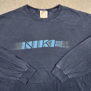 Vintage Nike Shirt XL Blue Long Sleeve Center Spellout Graphic Retro 90s USA